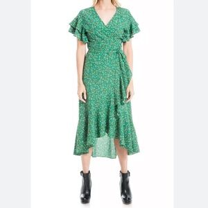 Max Studio True Wrap Midi Dress V Neck Flutter Sleeve Floral Green Plus 2X NWT